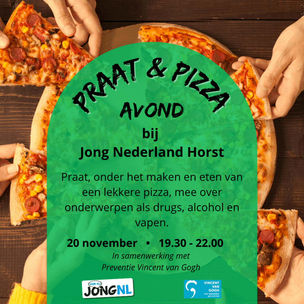 Uitnodiging voor praat en pizza avond voor tieners met onderwerp drugs, alcohol en vapen.