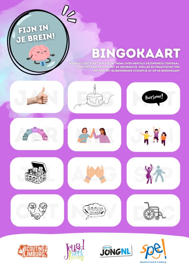 Bingokaart met afstreepvakjes voor project fijn in je brein.